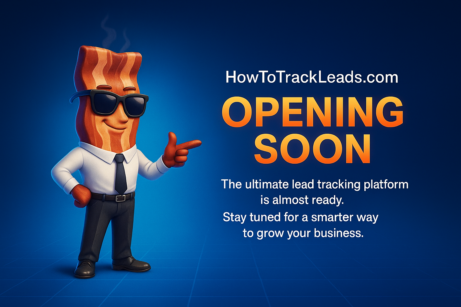 Lead Bacon mascot in business attire pointing at Opening Soon announcement for HowToTrackLeads.com Sizzle Your Sales Software